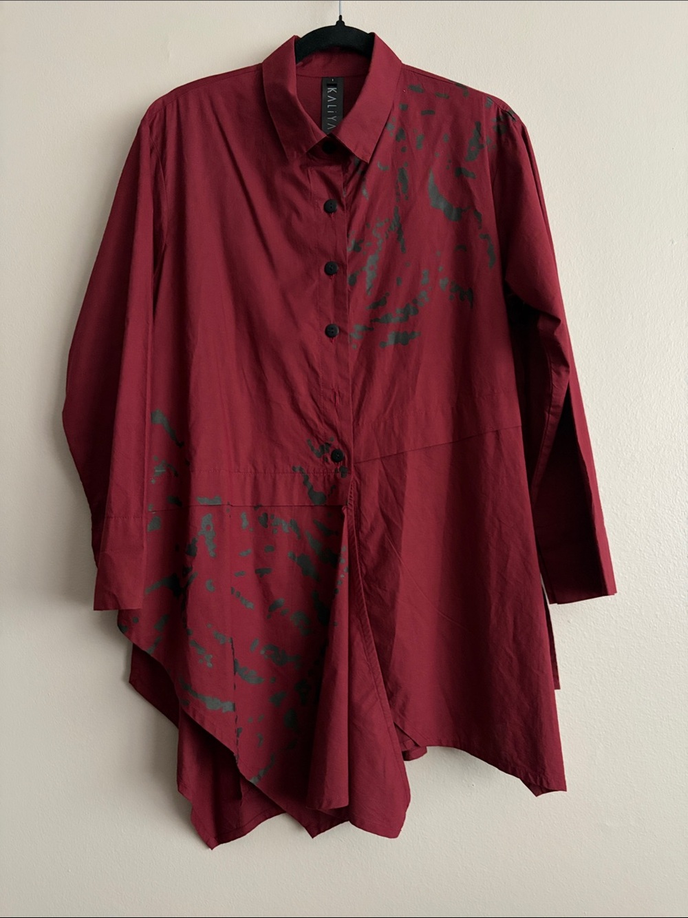 KALIYANA Architect Shirt Bordeaux Blossom Asymmetric Cotton Blouse Top Red S 1